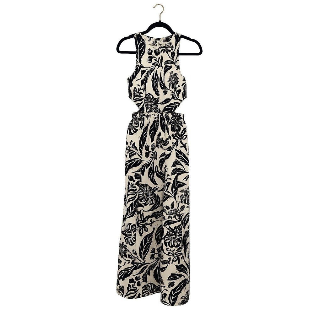Who What Wear XS Black White Tropical Floral Maxi Dress Cutout Pockets Resort